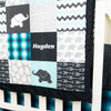 JOOMOOKIE SAFARI Patchwork Minky Blanket with Elephants in Teal & Black
