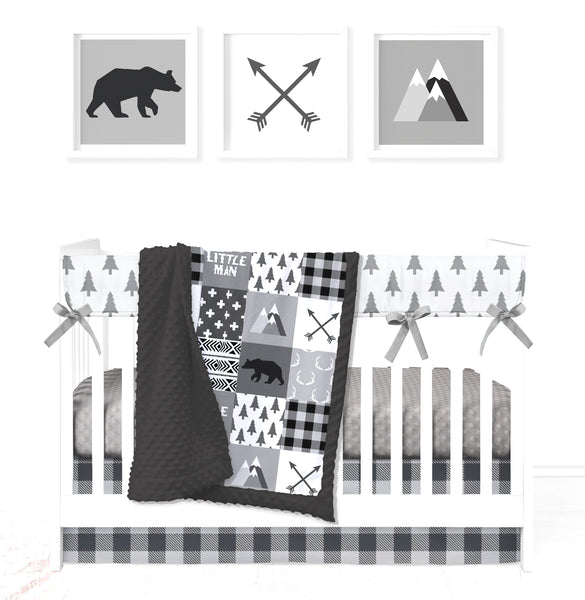 JOOMOOKIE WOODLAND PATCHWORK Minky Crib Set in Black & White