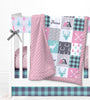 A JOOMOOKIE WOODLAND PATCHWORK Minky Blanket w/Deer in Pink & Teal