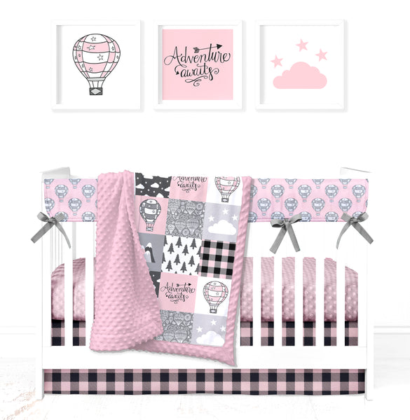 JOOMOOKIE HOT AIR BALLOON PATCHWORK Minky Crib Set in Pink & Gray