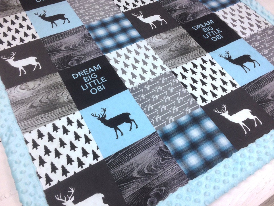 A JOOMOOKIE WOODLAND PATCHWORK Minky Blanket w/Deer in Black & Aqua
