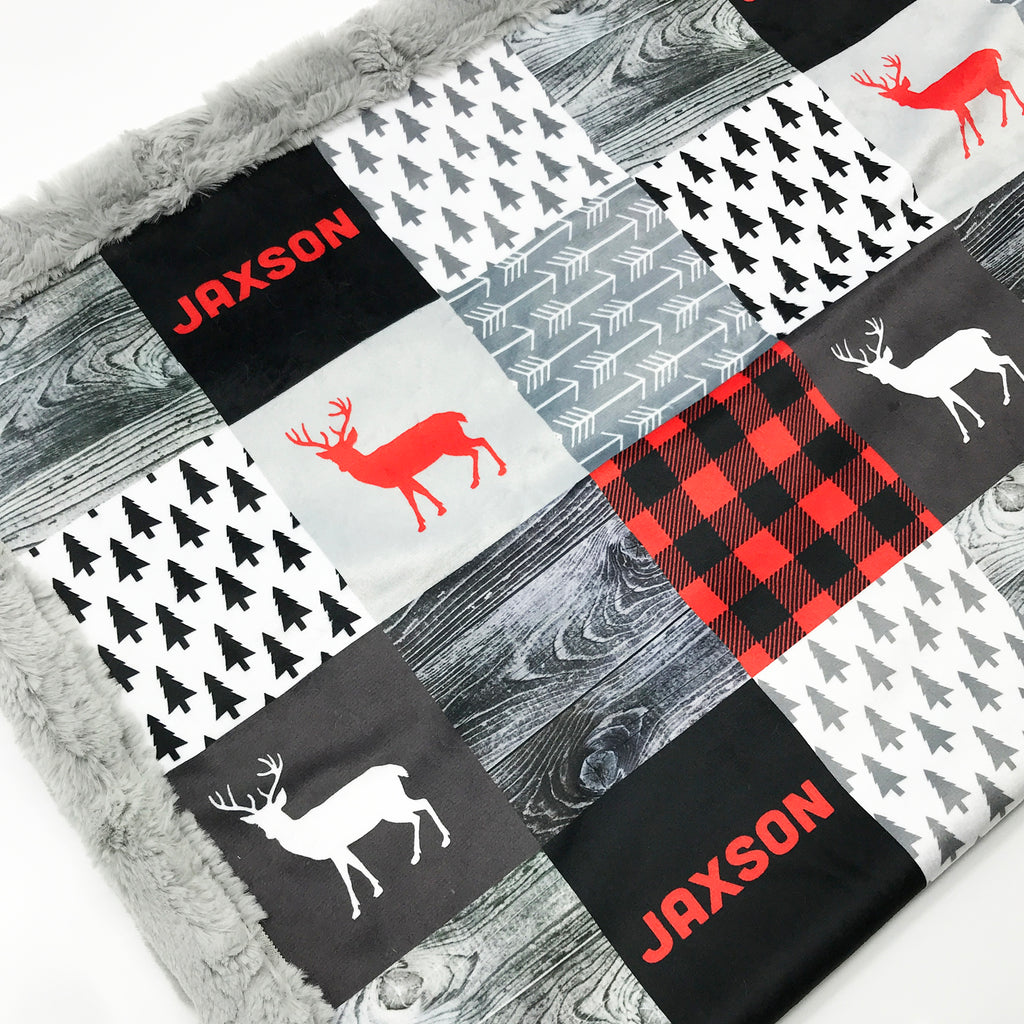 A JOOMOOKIE WOODLAND PATCHWORK Minky Blanket w/Deer in Red & Black