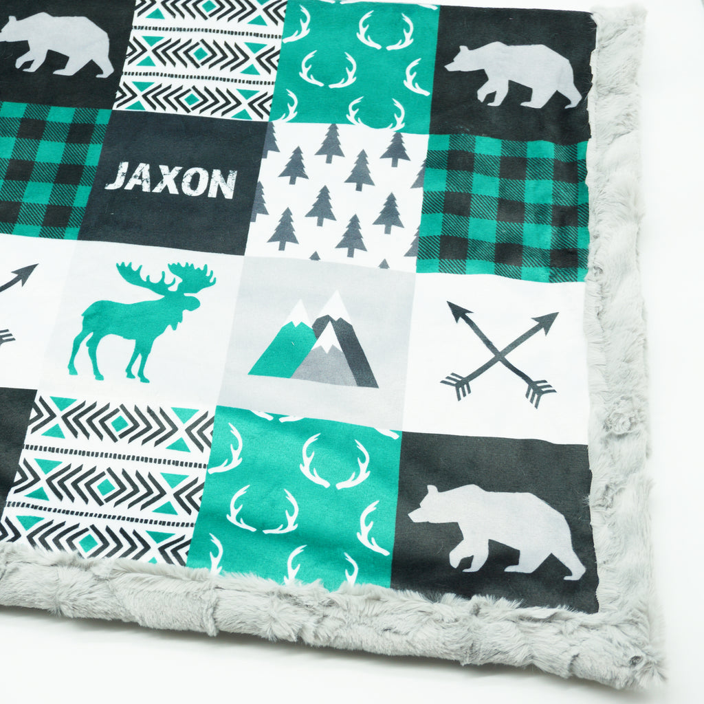 A JOOMOOKIE WOODLAND PATCHWORK Minky Blanket w/Moose & Bear in Emerald Green & Charcoal
