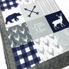 A JOOMOOKIE WOODLAND PATCHWORK Minky Blanket w/Bear & Deer in Navy