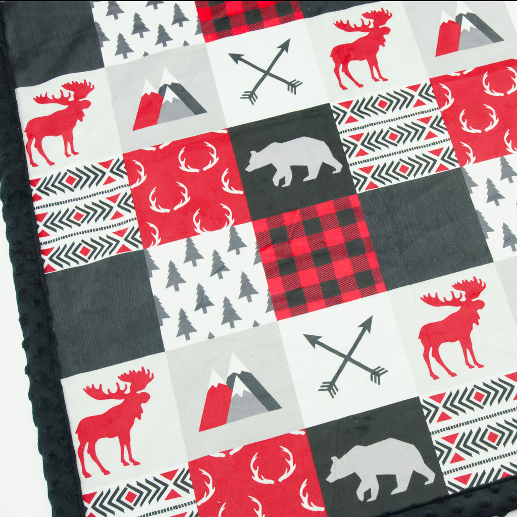 A JOOMOOKIE WOODLAND PATCHWORK Minky Blanket w/Moose & Bear in Red & Charcoal