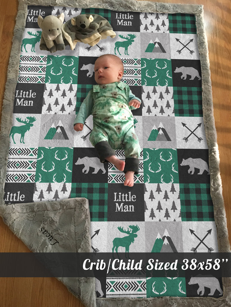 A JOOMOOKIE WOODLAND PATCHWORK Minky Blanket w/Moose & Bear in Emerald Green & Charcoal