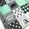 A JOOMOOKIE WOODLAND PATCHWORK Minky Blanket w/Bear in Gray & Mint