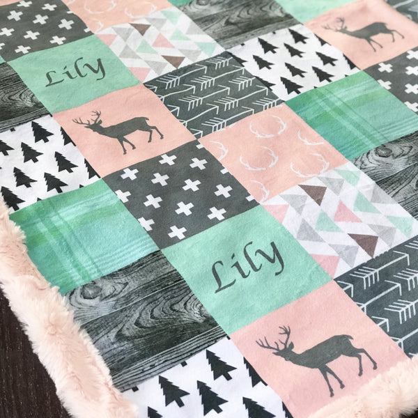 A JOOMOOKIE WOODLAND PATCHWORK Minky Blanket w/Deer in Mint & Peach