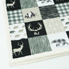 A JOOMOOKIE Antler WOODLAND PATCHWORK Minky Blanket w/Bear & Reindeer in Tan & Charcoal