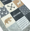 A JOOMOOKIE WOODLAND PATCHWORK Minky Blanket w/Bear & Deer in Tan & Gray