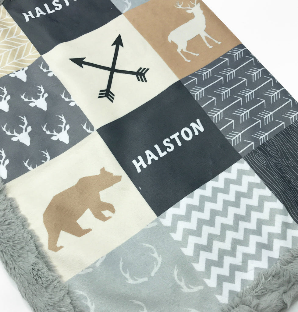 A JOOMOOKIE WOODLAND PATCHWORK Minky Blanket w/Bear & Deer in Tan & Gray