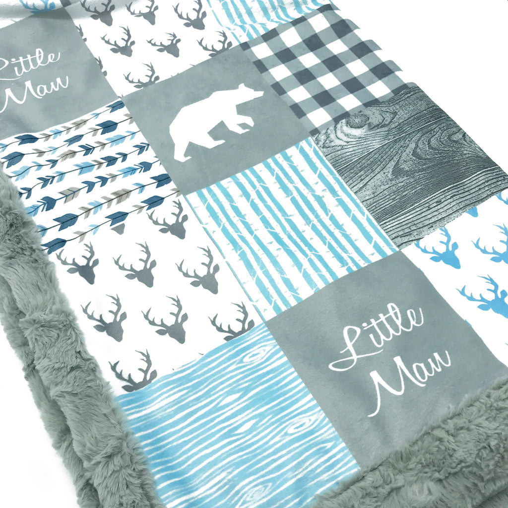 A JOOMOOKIE WOODLAND PATCHWORK Minky Blanket w/Bear in Baby Blue & Gray
