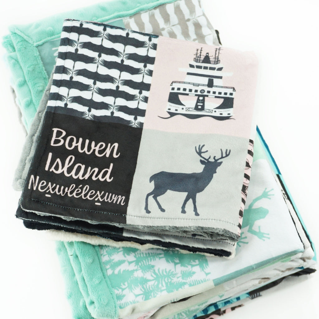 A JOOMOOKIE Bowen Island Nex̱wlélex̱wm PATCHWORK Minky Blanket