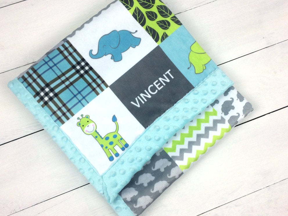 JOOMOOKIE SAFARI Patchwork Minky Blanket with Elephants in Lime & Baby Blue