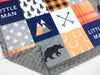 A JOOMOOKIE WOODLAND PATCHWORK Minky Blanket w/Bear in Orange & Navy