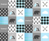 A JOOMOOKIE WOODLAND PATCHWORK Minky Blanket w/Bear & Clouds in Baby Blue