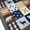 A JOOMOOKIE WOODLAND PATCHWORK Minky Blanket w/Bear & Deer in Brown & Navy