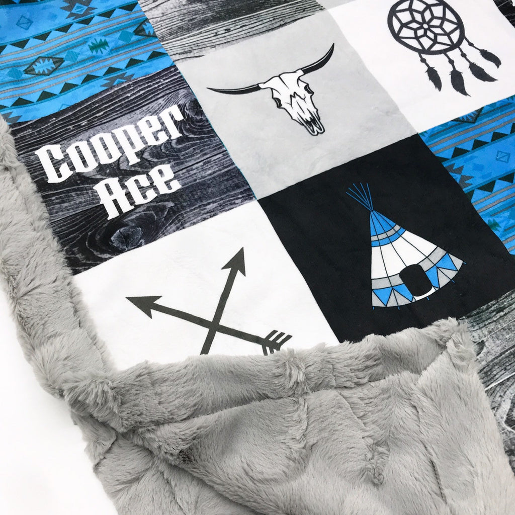 JOOMOOKIE SOUTHWESTERN TRIBAL Patchwork Minky Blanket In Black & Blue