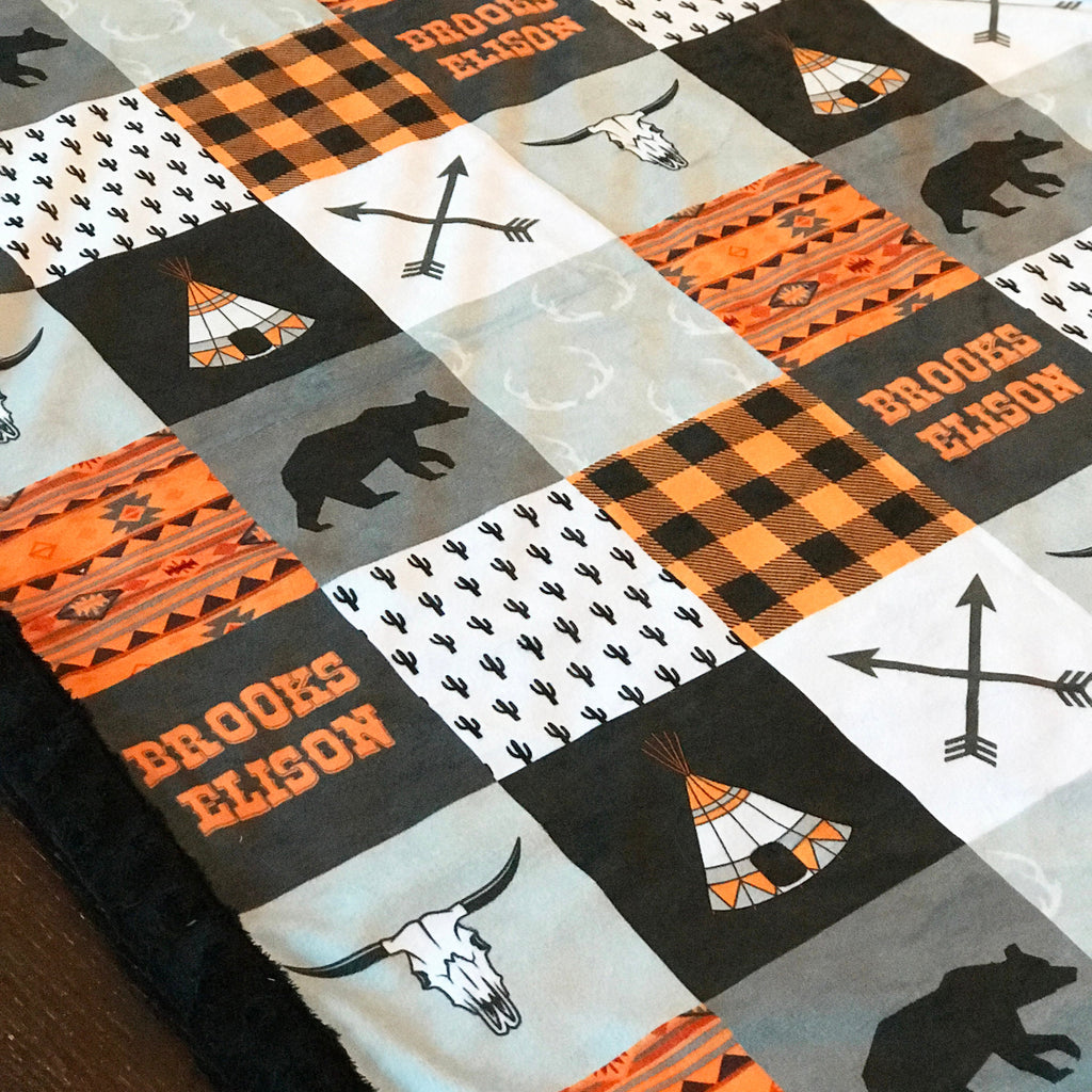 JOOMOOKIE SOUTHWESTERN TRIBAL Patchwork Minky Blanket in Black & Orange