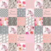 JOOMOOKIE FLORAL WOODLAND UNICORN PATCHWORK Minky Blanket In Pink & Gray
