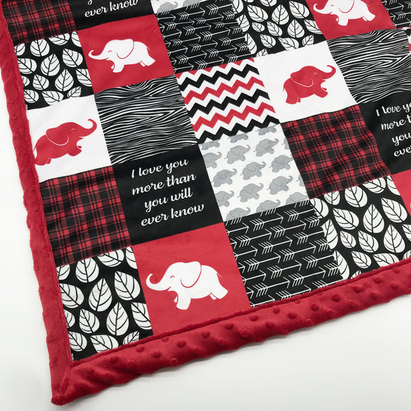 JOOMOOKIE SAFARI Patchwork Minky Blanket with Elephants in Red & Black