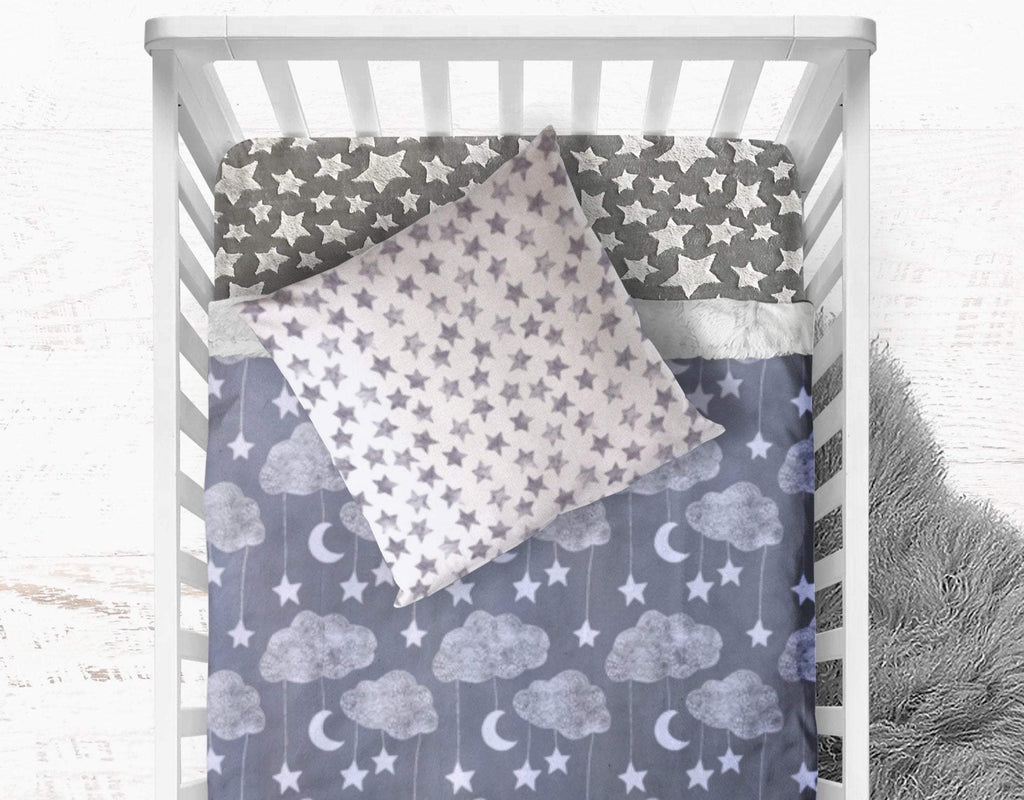 CLOUDY NIGHT SKY MOBILE Minky Crib Set in Gray