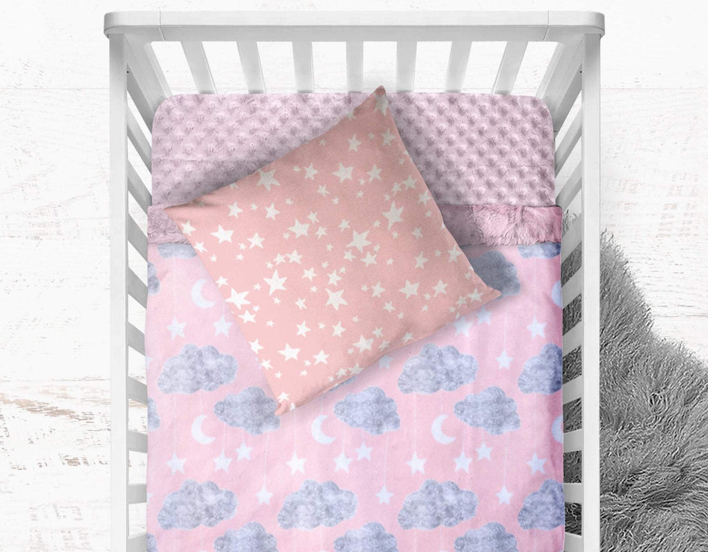 CLOUDY NIGHT SKY MOBILE Minky Crib Set in Pink