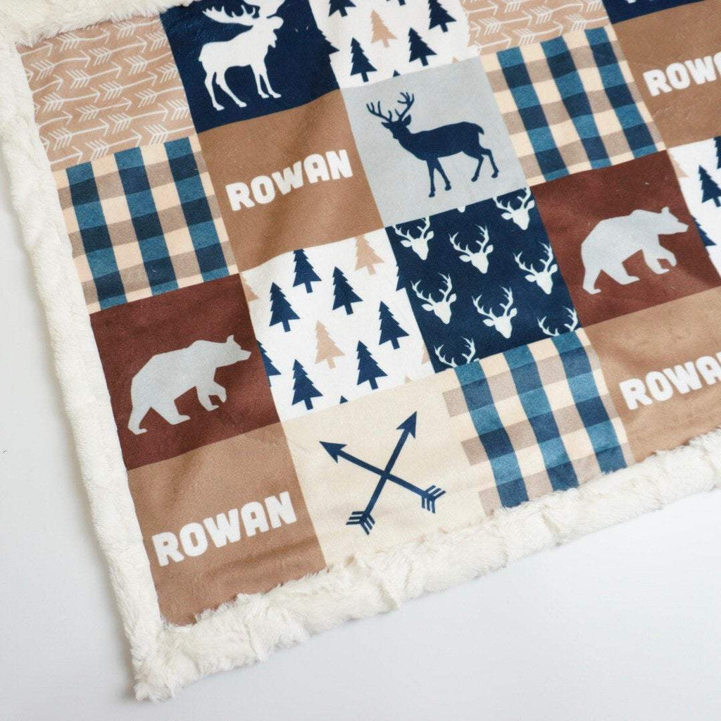 A JOOMOOKIE WOODLAND PATCHWORK Minky Blanket w/Bear & Deer in Brown & Navy