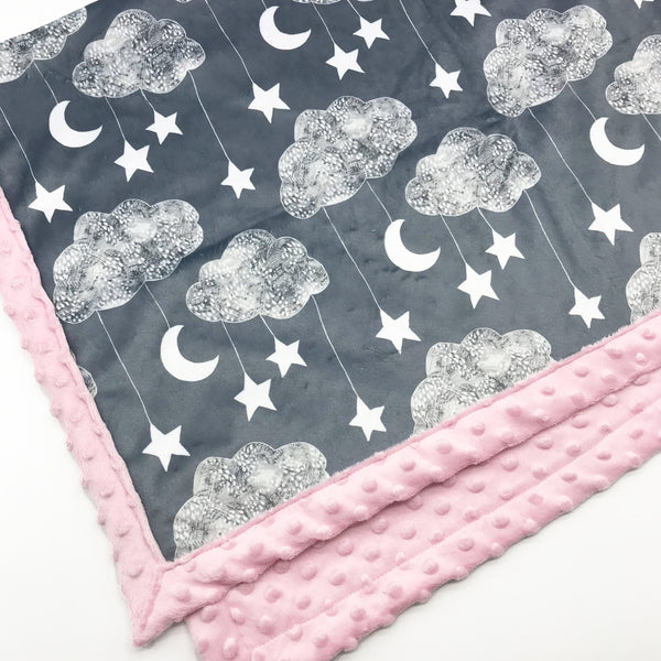 CLOUDY NIGHT SKY MOBILE  w/moons & stars Joomookie Minky Blanket