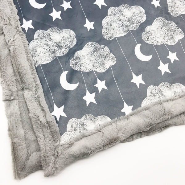 CLOUDY NIGHT SKY MOBILE w/moons & stars Joomookie Minky Blanket