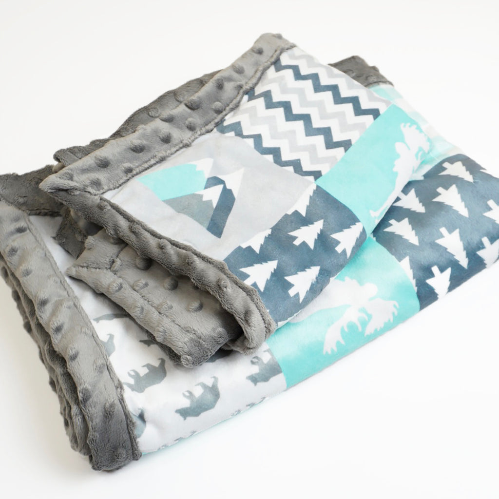 A JOOMOOKIE WOODLAND PATCHWORK Minky Blanket w/Moose & Canoe Blanket in Aqua