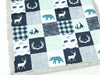A JOOMOOKIE Antler WOODLAND PATCHWORK Minky Blanket w/Bear & Reindeer in Mint & Navy