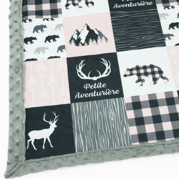 A JOOMOOKIE Antler WOODLAND PATCHWORK Minky Blanket w/Bear, Reindeer Joomookie Minky Blanket in Pink & Charcoal