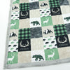 A JOOMOOKIE Antler WOODLAND PATCHWORK Minky Blanket w/Bear & Reindeer in Tan & Sage