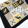 A JOOMOOKIE WOODLAND PATCHWORK Minky Blanket w/Moose in Yellow & Black