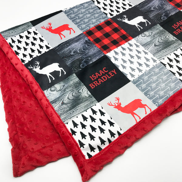 A JOOMOOKIE WOODLAND PATCHWORK Minky Blanket w/Deer in Red & Black