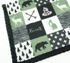 A JOOMOOKIE WOODLAND PATCHWORK Minky Blanket w/Bear, Deer & Fox in Sage & Black